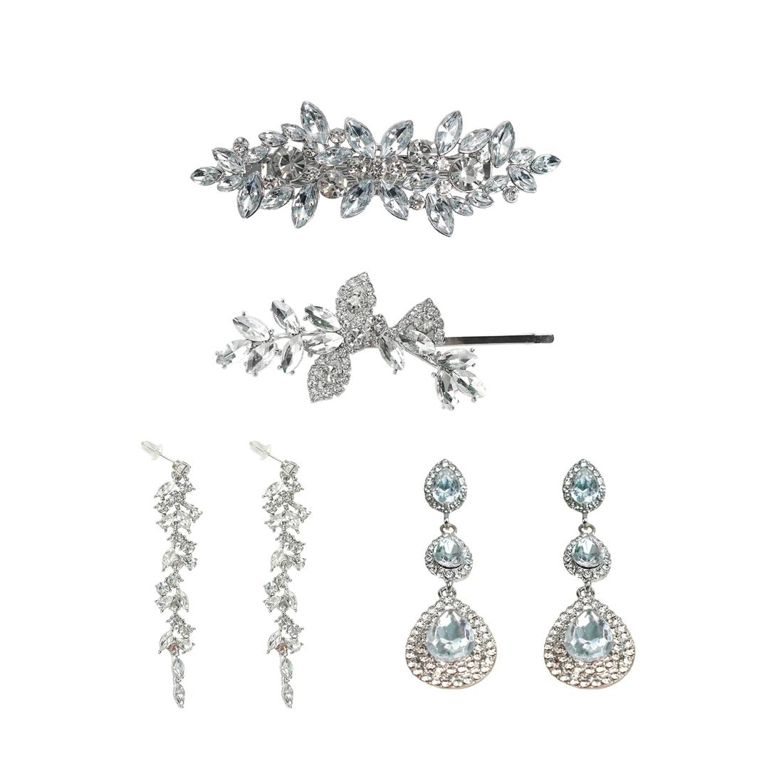 2 x Bridesmaid Gifts -2 Sparkling Hair Clips and 2 Pairs of Dangle Earrings Set, Wedding Hair Jewelry for Bridesmaids Party