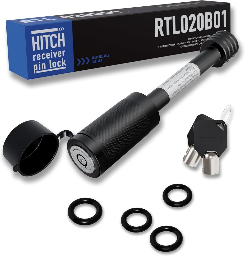 RETRUE Trailer Hitch Locks, 5/8" Locking Hitch Pin for 2" and 2 1/2" Receiver Class III IV Hitch, Tow Hitch Pin Lock Dia 3-1/2 Long Pin with O-Rings Weatherproof Caps for Trailer Truck Car Boat (Black)