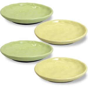 Fhiny 4PCS Cat Food Bowl,6" Ceramic Cat Dishes with Silicone Bottom Shallow Whisker Fatigue Kitten Texture Plates Set for Indoor Cats Non-Slip Wide Kitten Whisker Friendly Bowls, Beige & Green