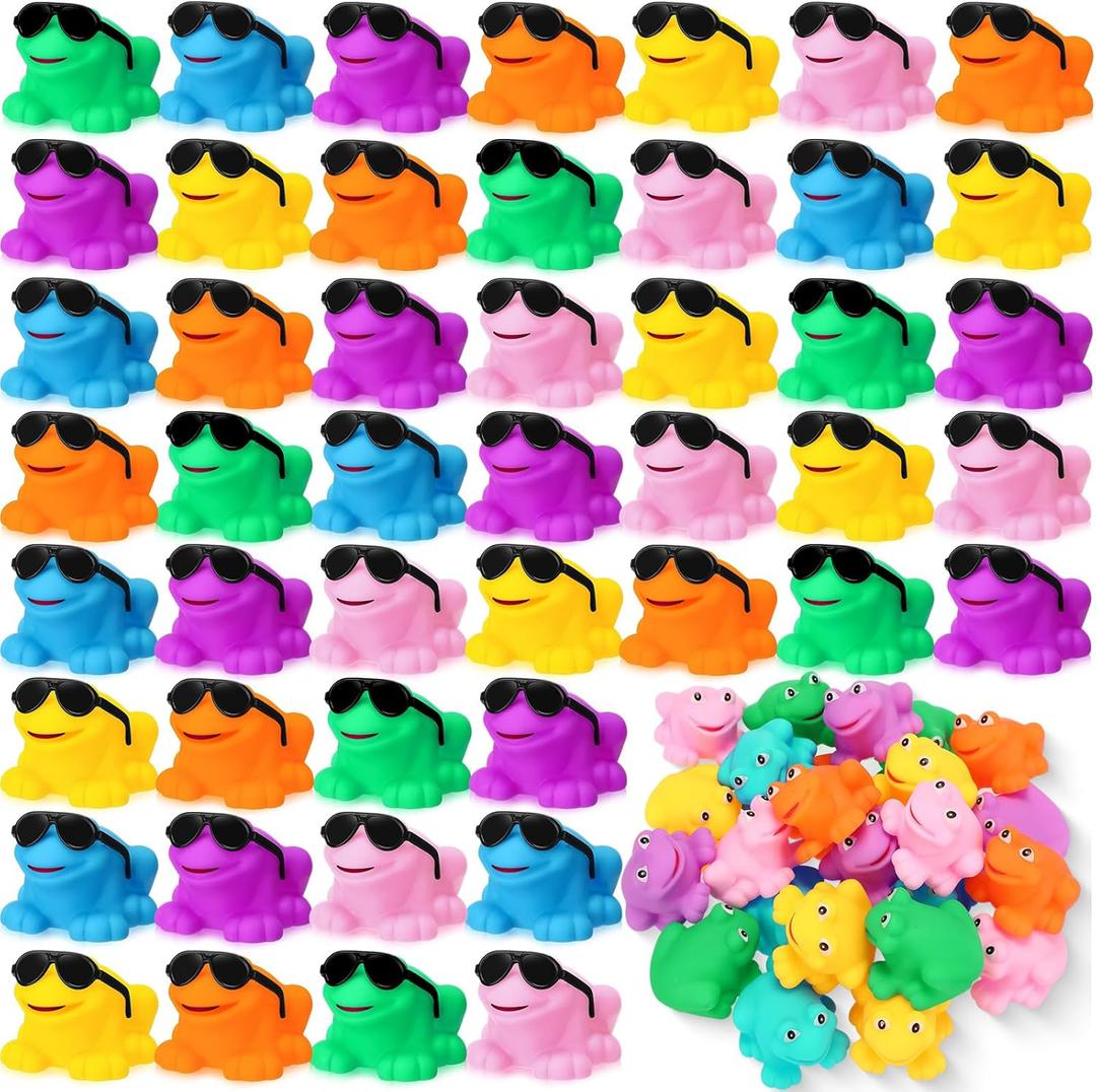 24 Pack Rubber Frogs Bulk Squeak and Floating Rubber Bath Toy Mini Floating Frogs with Sunglasses for Baby Shower Birthday Party Favors Classroom Exchange Gifts Spring Prizes, Colorful