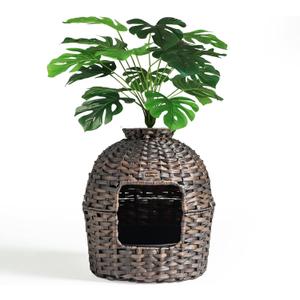 Hidden Litter Box Furniture with Artificial Plants, Handwoven Rattan Cat House with Enclosed Cat Planter Litter Box (Brown)