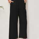Women's Linen Pants Relaxed Fit High Waisted Boho Chic Ankle Pants Summer Beach Vacation Wide Leg Trousers (Black, XL)