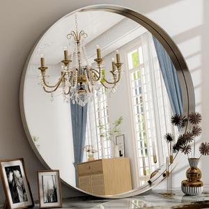 24 Inch Round Bathroom Mirror - Wall Mounted Circle Mirror with Metal Frame, Modern Mirror Suitable for Bathroom, Vanity, Entryway, Living Room, Wall DecorSilver (24"L x 24"W)