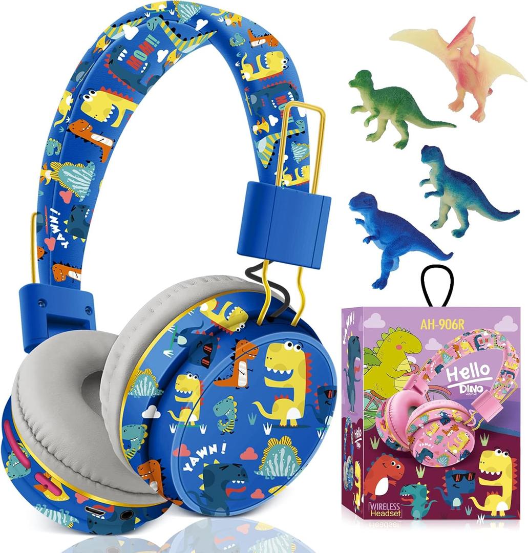 QearFun Cool Dinosaur Bluetooth Headphones, 85dB Safe Volume Limit, Wireless & 3.5mm Wired Headset with Mic, Bluetooth 5.2, Fast Charging, Foldable,for School, Tablet, Travel, Airplane