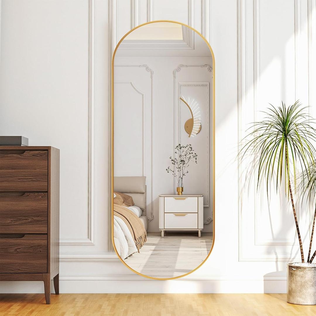 Arched Full Length Floor Mirror, Oval Full Floor Mirror, Large Wall Mounted Arched-Top Body for Living Room, Bedroom, Bathroom, Entryway, Dressing Room (Gold, 64 * 21)