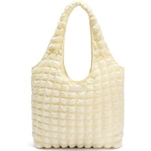 BOSTANTEN Small Puffer Bag for Women Lightweight Hobo Handbag Bubble Puffy Shoulder Purse for Travel 13" L*11" H*3.13" W, Beige 