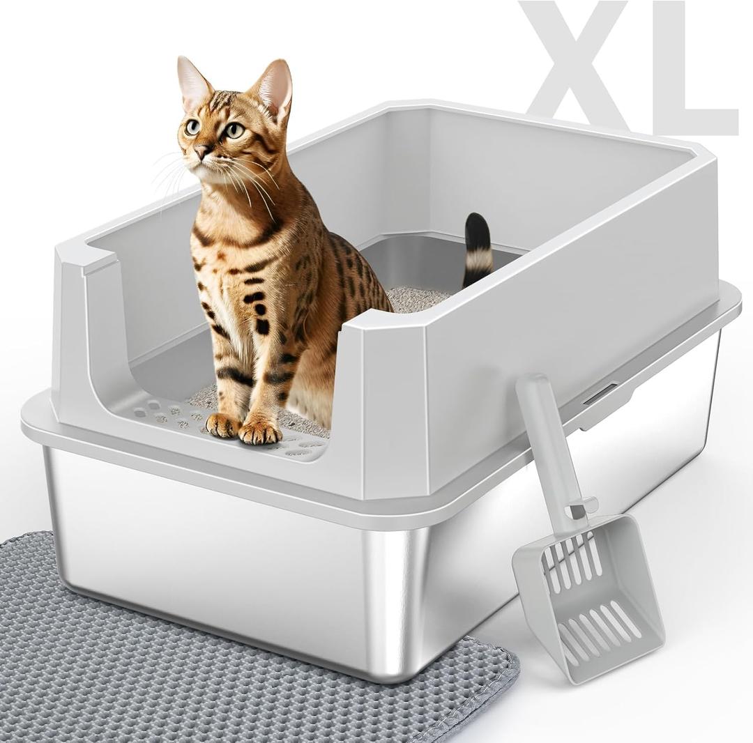 Stainless Steel Litter Box, Extra Large Litter Boxes for Big Cats, XLarge Metal Cat Litter Box with Lid, Anti-Urine Leakage XL Box with High Sides, Easy Clean, Non-Sticky, Scoop Included (Silver Grey)