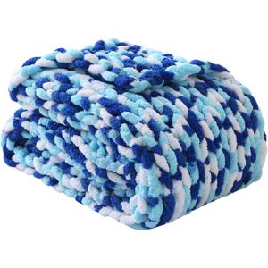 Mooreeke Chunky Knit Blanket 50"x60", Soft Chenille Throw Blanket Cozy 100% Handmade Crochet Gift Blankets with Jumbo Chenille Yarn for Couch Bed Sofa Room Decor - Blue and White