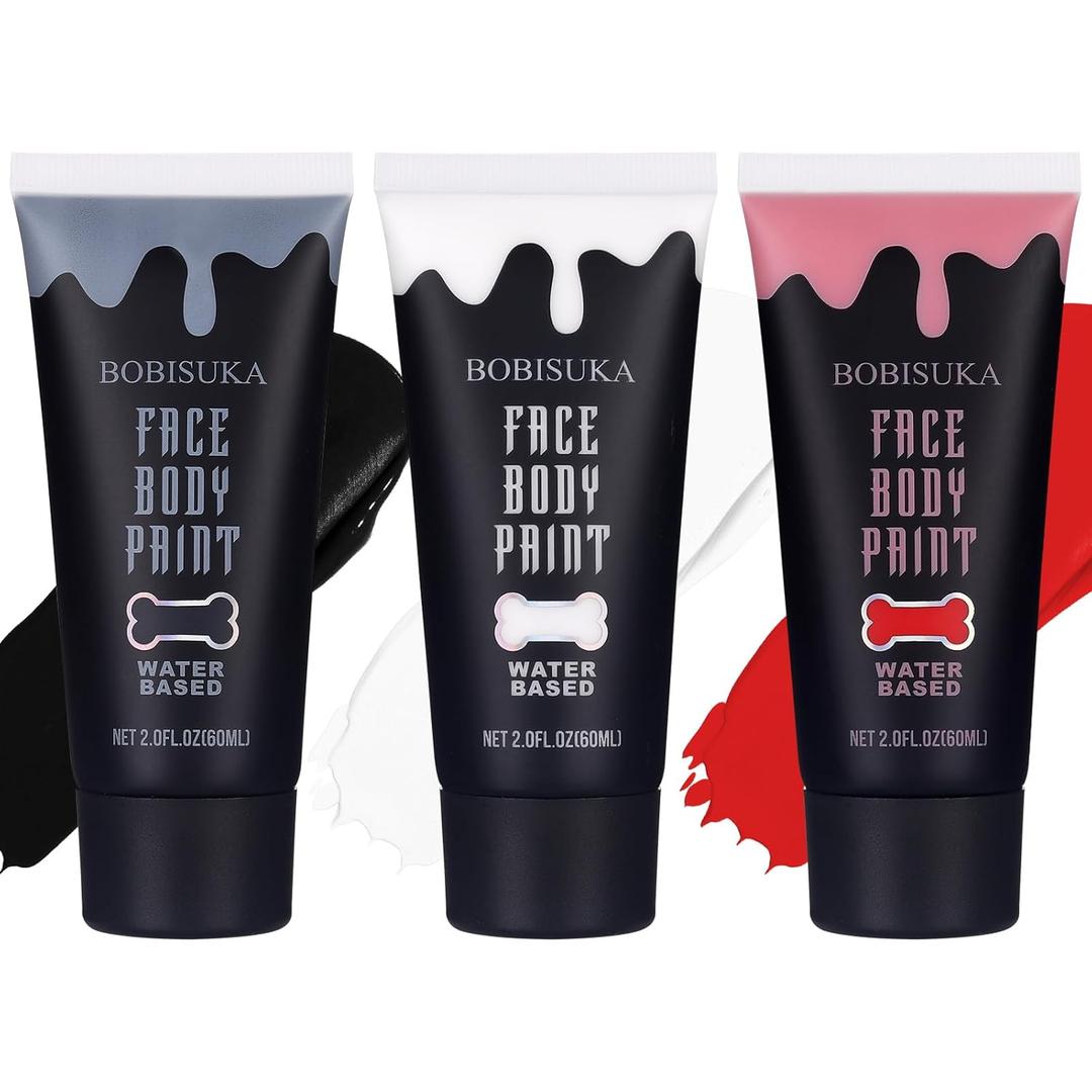 BOBISUKA Face Body Paint, Water Based Face Painting for Art Theater Halloween Party Cosplay Clown SFX Makeup for Women Adults, Non-Toxic Washable, Black, Red, White