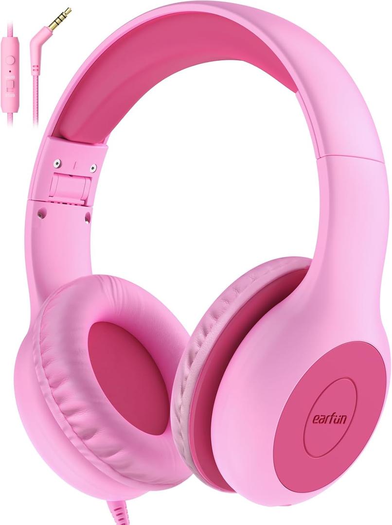 EarFun Kids Headphones Wired with Microphone, 85/94dB Volume Limit Headphones for Kids, Portable Wired Headphone with Share port, Stereo Sound Foldable Headset for School/Tablet/Kindle Fascia Pink