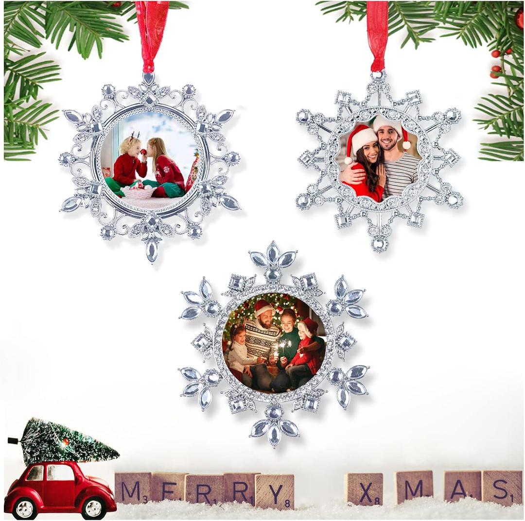 Christmas Photo Ornaments - 3.86" Snowflake Ornaments, Fits 2 inches inches Photos - Christmas Decorations - Xmas Tree Decorations with Clear Rhinestones (White 3 PCS) (Red,Silver)