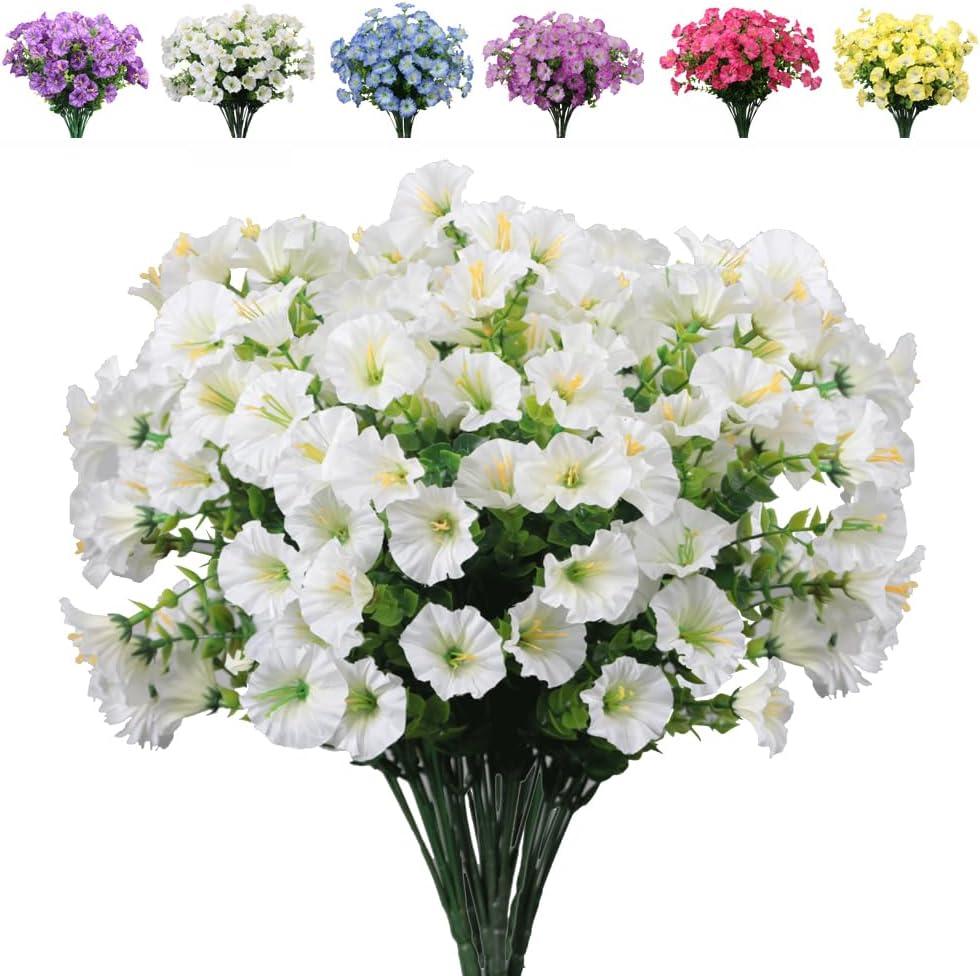 6 Bundles Artificial Morning Glory Fake Boxwood Shrubs UV Resistant No Fade Faux Greenery Plastic Petunia for Home Garden Hanging Planter Indoor Outdoor Porch Patio Wedding Decoration(White)