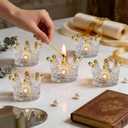 Rubtlamp 12 Pack Clear Gold Crown Candle Holder, Glass Tealight Candle Holder, Crystal Votive Candle Stand with Gold Tips for Dining Table Centerpiece, Wedding,Party,Dinner, Home Table Decor
