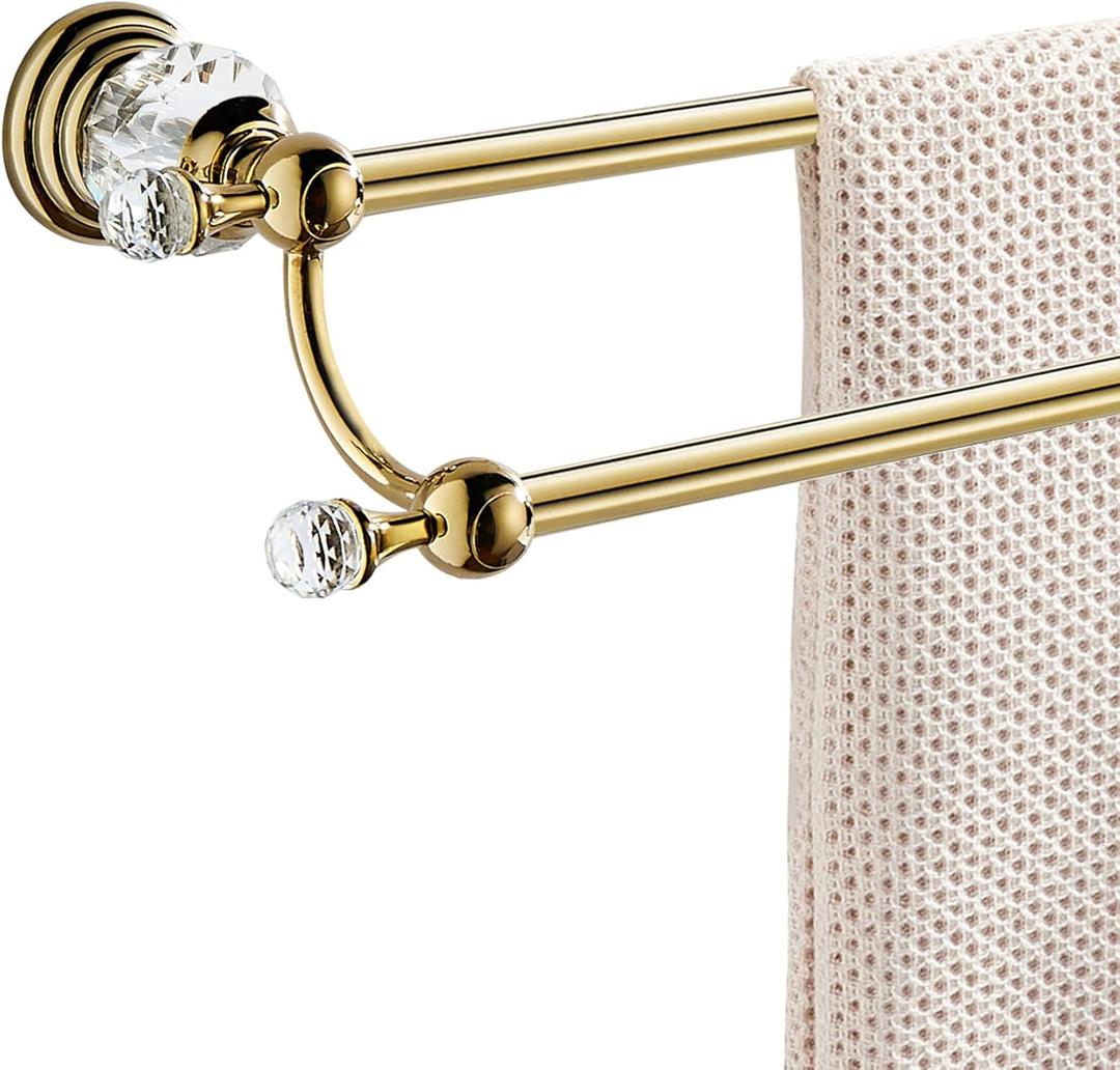 WINCASE Crystal Towel Holder Double, Adjustable Gold Towel Bar 18 to 30 Inch, Towel Rack Rail for Bathroom Wall Mounted