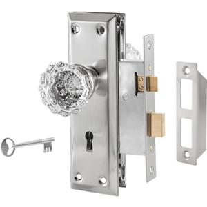 Upgraded Mortise Lock Set for Interior Door, Antique Vintage Style Crystal Glass Door Knobs with Skeleton Key, Reversible for Left & Right Handed Door, Brushed Nickel Finish