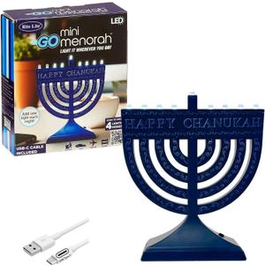 Rite Lite Go Mini Blue Electric Menorah - Light It Anywhere! Chanukah Jewish Holiday Party Favors Decorations with USB C Cable, Judaica Modern Hanukkah Gifts Festival of Lights