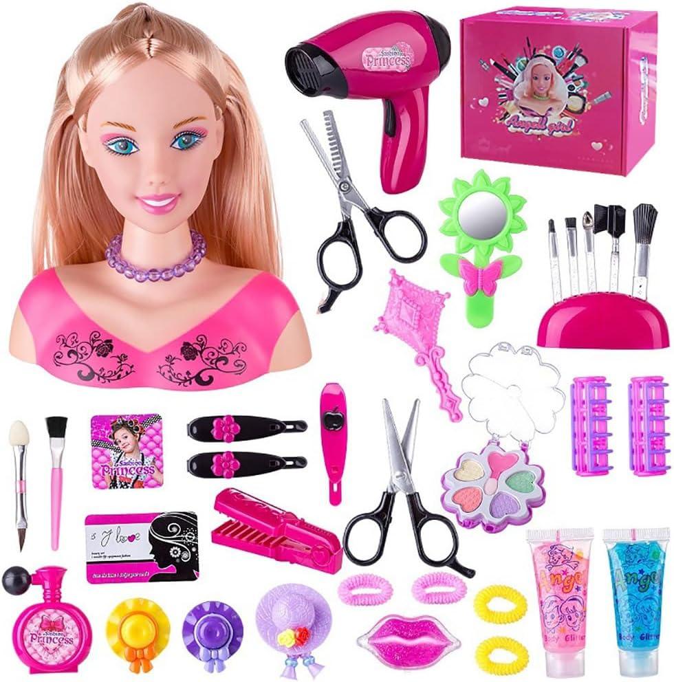 Doll Head Hair Styling Makeup Girls Toys Kids Pretend Play Beauty Set with Real Washable Cosmetics Hairdryer Curling Hairpins Accessories Birthday Gifts for Girls 3 4 5 Years Old