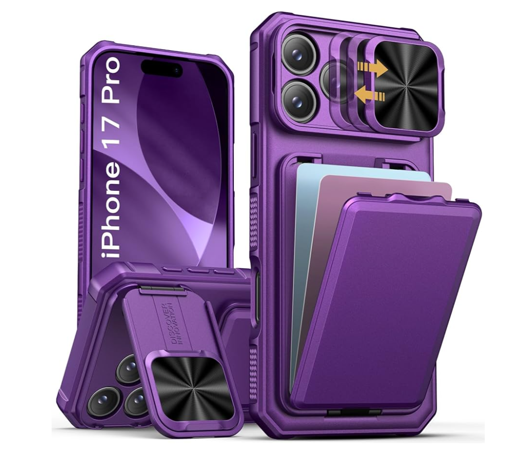 SSLOTSCASE for iPhone 17 Pro Case with Card Holder & Sliding Camera Lens Cover & Hidden Kickstand & Camera Stand & Wallet, Silicone Edge Durable Protective Case Cover for iPhone 17 Pro 5G, Dark Purple