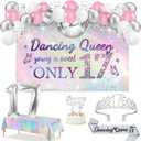 Dancing Queen Party Decorations 17, Silver Dazzle Dancing Queen Banner and Iridescence Tablecloth, Sash and Crown, 17th Birthday Cake Topper and Candles, Sweet 17 Birthday Balloon Set Arch