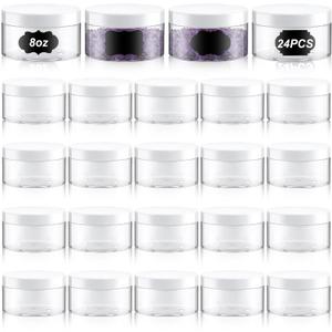 Dandat 24 Pcs 8 oz Plastic Jar Container with Lid and Label Refillable Empty Round Clear with White PET Cosmetic Sample Slime Containers for Lotion, Cream, Ointment, Body Butter, Makeup Travel Storage