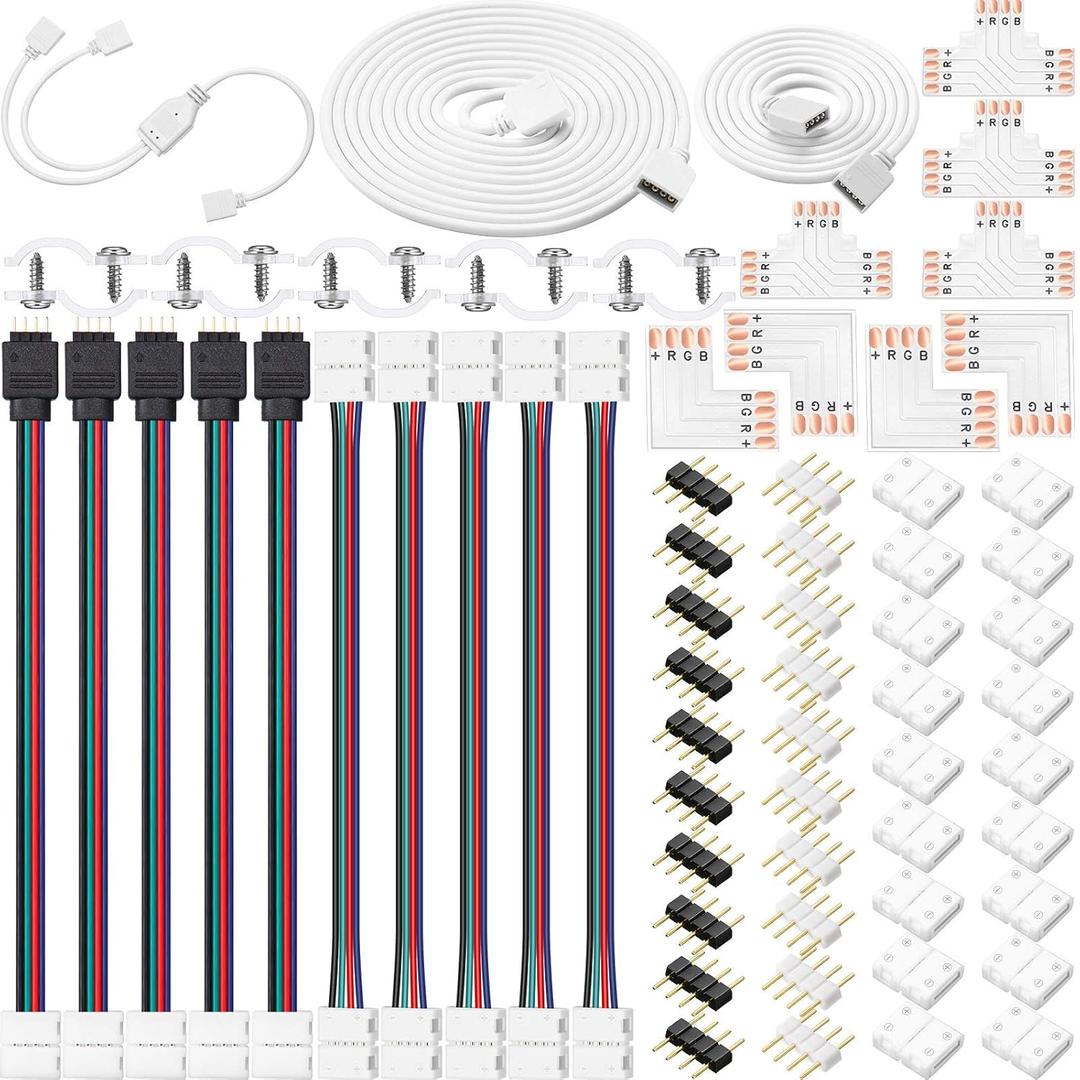 Honoson 5050 4 Pin RGB 10mm LED Strip Connector Kit RGB Extension Cable, LED Strip Jumper, 2 Way RGB Splitter Cable, L, T, Gapless, 4 Pin Male Connectors with Clips