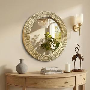 WAMIRRO Gold Round Wood Wall Mount Mirror, 24 Inch Hand Carved Solid Wood Frame Circle Mirror, Farmhouse Boho Decor for Living Room, Bathroom, Bedroom, Hallway & Entryway