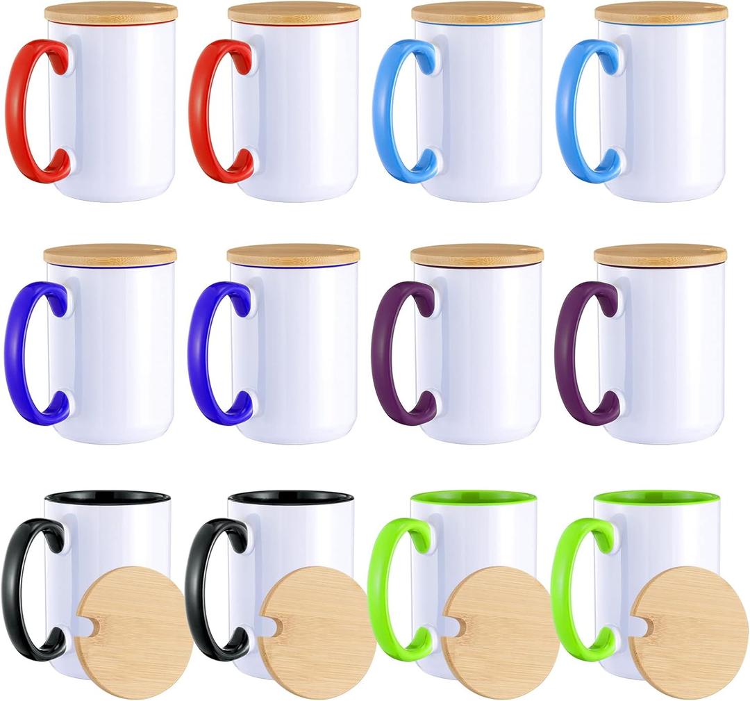 RAINBOWTIE Sublimation Mugs Set of 12, 15 oz Sublimation Coffee Mugs with Bamboo Lid, Tazas Para Sublimar, Mug Sets, Coffee Cup with Lid,6 Assorted Colors