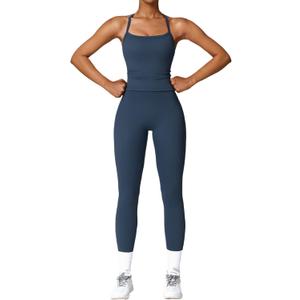 Womens Workout Sets Two Piece Cross Back Tank Top Matching High Waist Leggings Sets Gym Outfits Work Out Clothes (Medium, Dark Blue)