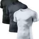 ATHLIO Men's Cool Dry Short Sleeve Compression Shirts, Sports Baselayer T-Shirts Tops, Athletic Workout Shirt, 3pack Tops Black/Charcoal/White, XX-Large