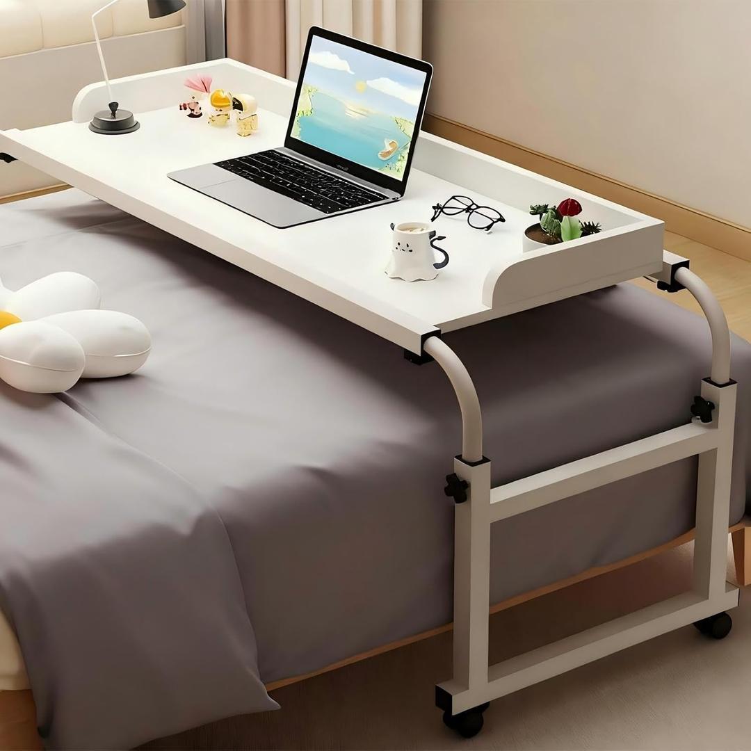 Overbed Table with Wheels and Desktop Enclosure, Height and Length Adjustable Over Bed Desk King Queen Bed Table Overbed Laptop Table (White)