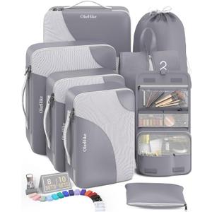 OlarHike 8 Set Packing Cubes for Travel, Sturdy Suitcase Organizer in 4 Sizes (Extra Large, Large, Medium, Small), OlarHike Luggage Cubes with Toiletry Bag, Cruise Ship Gifts for Men (Grey) (8 set (Short-Term Trip))