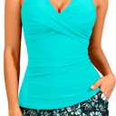 Women Tankini Swimsuits with Shorts - Two Piece Tummy Control Bathing Suits Top with Two Pockets Bottom Swimwear (Large, Aqua and Flower)