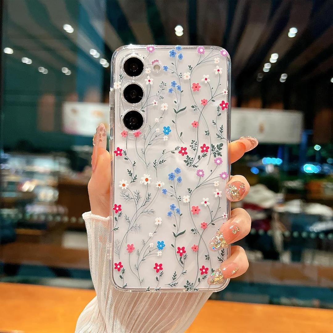 for Samsung Galaxy S23 Case, Floral Flowers Cute Aesthetic Clear Floral Branch Pattern Case for Women Girls,Transparent Slim Soft Shockproof Cover for S23,Line Flower