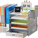 Marbrasse Desk Organizer with File Holder, 5-Tier Paper Letter Tray Organizer with Drawer and 2 Pen Holder, Mesh Desktop Organizer and Storage with Magazine Holder for Office Supplies (Silver)