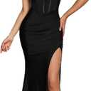 Women's Cocktail Dresses Elegant Black Strapless Slit Mermaid Evening Dresses for Wedding Guest (Black, M)