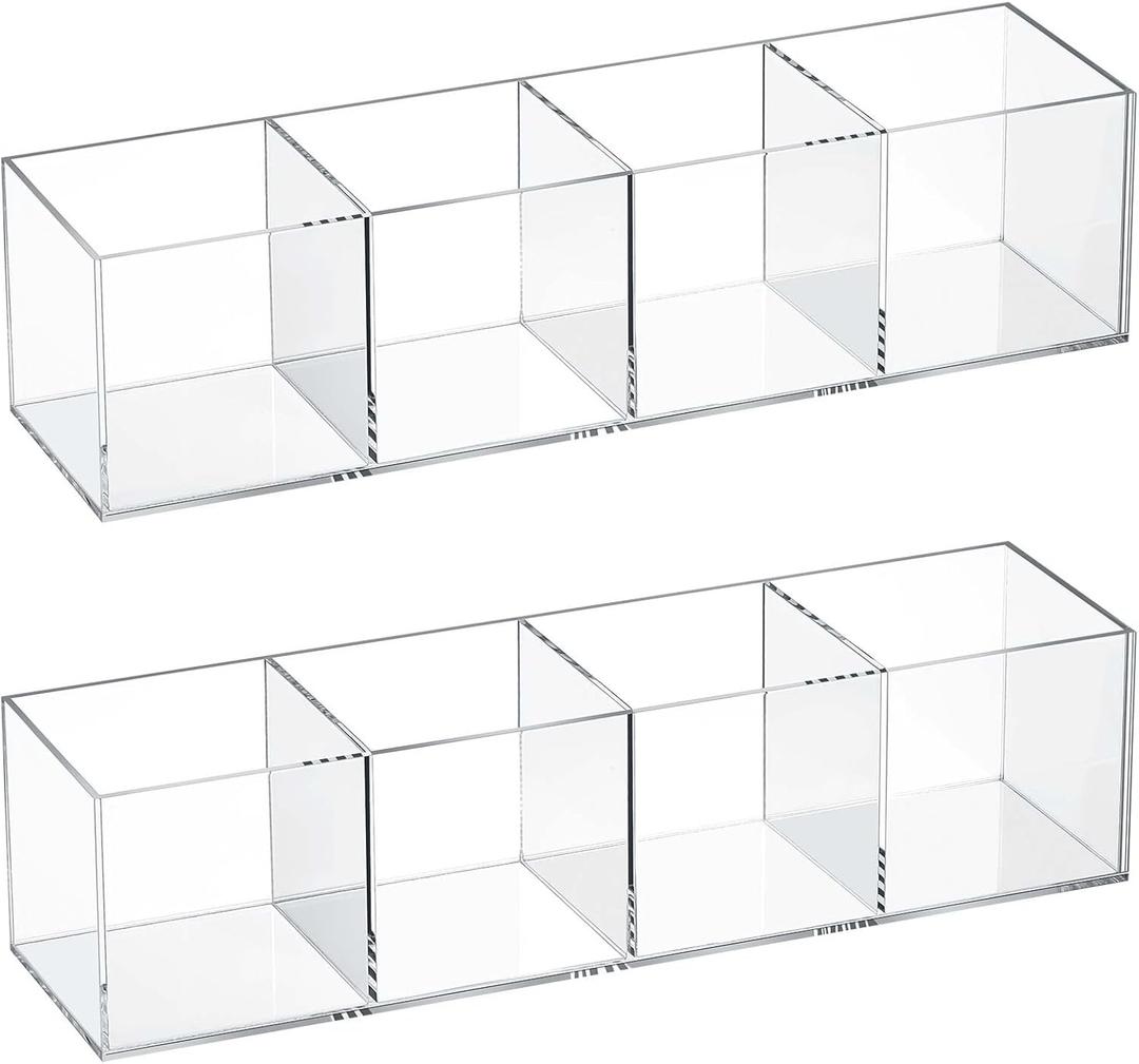 Epakh 2 Pieces 4 Compartment Acrylic Cube Organizer 4 Section Clear Acrylic Pencil Holder Small Drawer Organizer for Makeup Brush Crayon Desk Home Office Back to School Supplies