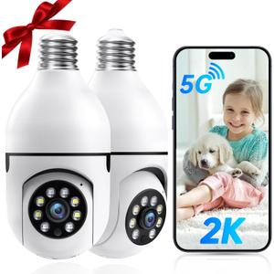 Light Bulb Security Camera -5G& 2.4GHz WiFi Camera Outdoor Wireless Motion Detection and Alarm,Two-Way Talk,Color Night Vision, Lightbulb Security Camera Compatible with Alexa,2 Pack