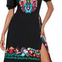 YZXDORWJ Mexican Dress for Women Boho Embroidered Sexy Ruffle Maxi Dress Short Sleeve Summer Beach Wedding Party Dress (Large, 526bk)