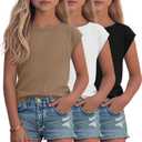 Oakgarden 3 Pack Girls' Cap Sleeve Shirts | Kids, Summer, Boat Neck, Loose Fit, Tops, Casual, Basic, Solid, Cute Tees, 5-14 Years