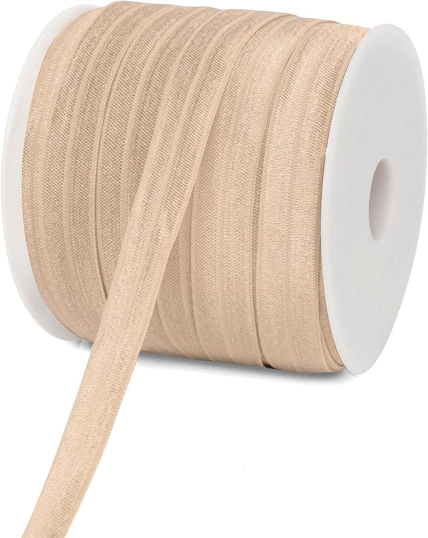 Teemico 50 Yards Elastic Stretch Foldover Ribbon Nylon Ribbon Rubber Band for Hair Ties Headbands,(15mm Width, Nude Color)