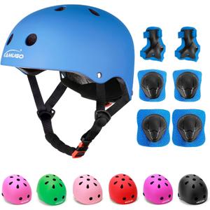 KAMUGO Kids Adjustable Helmet, with Sports Protective Gear Set Knee Elbow Wrist Pads for Toddler Age 2-8 Boys Girls, Bike Skateboard Hoverboard Scooter Rollerblading Helmet Set (blue)