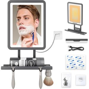 Lighted Anti-Fog Shower Mirror for Shaving - 3 Color Modes Dimming Fogless with Light, 360Rotation, Rechargeable Shower Mirror with Storage Tray & Razor Holders & Shaving Brush Holders (Grey)