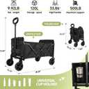 Foldable Wagon Cart, Collapsible Utility Wagon with All Terrain Wheels, Portable Folding Cart for Camping Garden Shopping Grocery Sports (Black, Medium Without Tailgate)