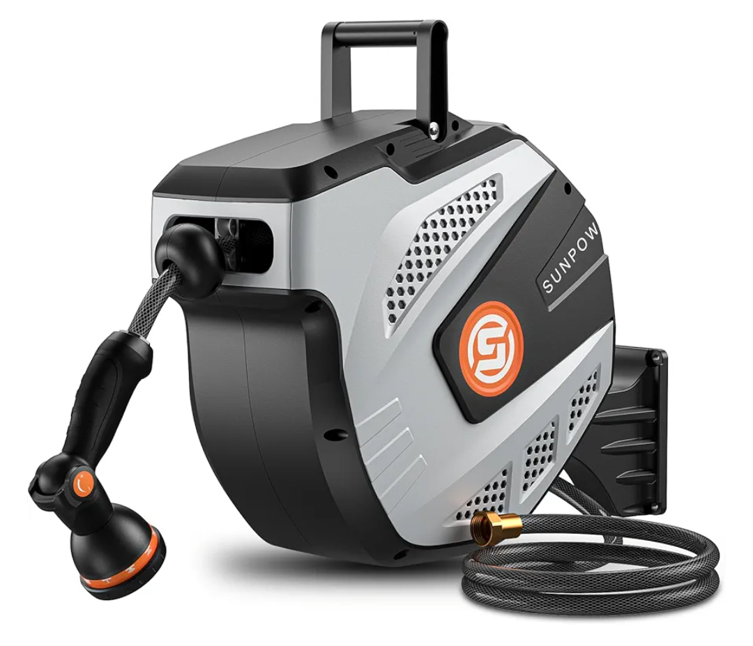 SUNPOW Retractable Garden Hose Reel - 1/2 inch x 50ft Wall Mounted Hose Reel with 3/4 inch Brass Fitting & 10 Function Sprayer Nozzle - Any Length Lock, Auto Rewind System, 180°Swivel Bracket - Grey