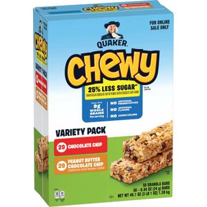 Quaker Chewy Granola Bars, 25% Less Sugar, 2 Flavor Variety Pack, (58 Pack) (EXP 01/29/26)