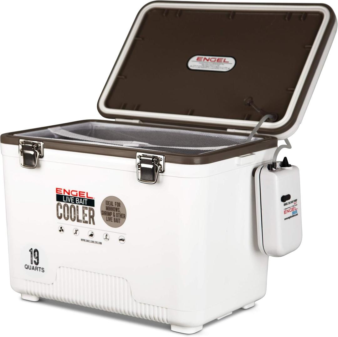 Engel Live Bait Cooler Box with 2nd Gen 2-Speed Aerator Pump - Portable Fishing Station & Minnow Bucket for Shrimp & Other Live Fish with Aerator - ENGLBC-N