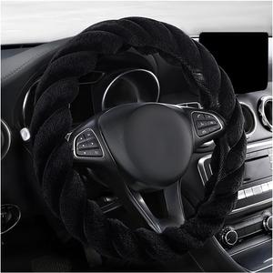 Fluffy Car Steering Wheel Cover, 15 Inches Anti-Slip Round Fuzzy Winter Steering Wheel Protector, Soft Warm Plush Steering Wheel Cover for Women Girls, Car Accessories (Black, Round)