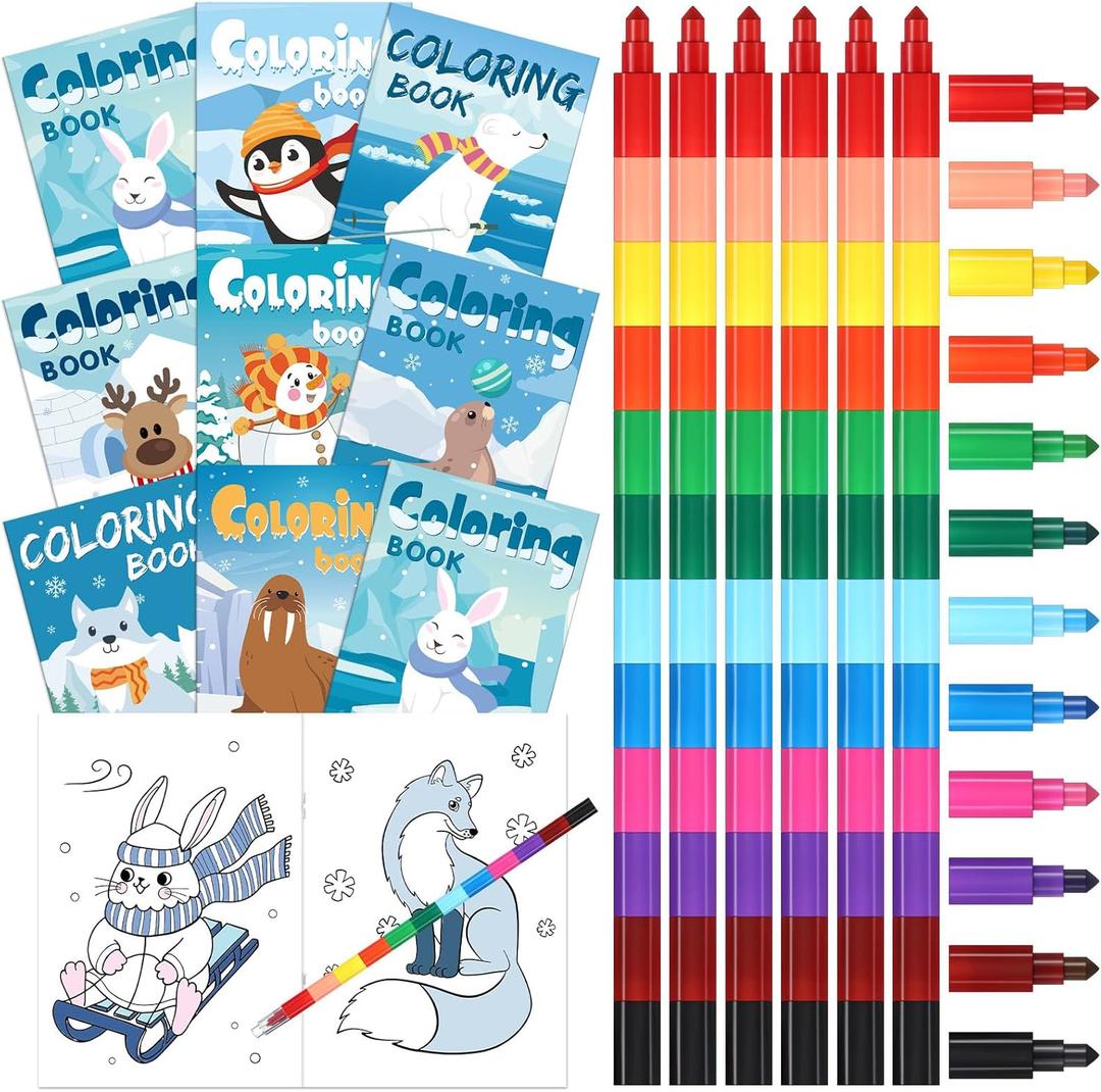 Funrous 24 Pcs Winter Christmas Coloring Books Bulk with 24 Stackable Crayons Glacier Polar Bear Snowman Penguin Drawing Pages Holiday Party Favors Goodie Bag Stuffers Filler Classroom Gifts(Glacier)