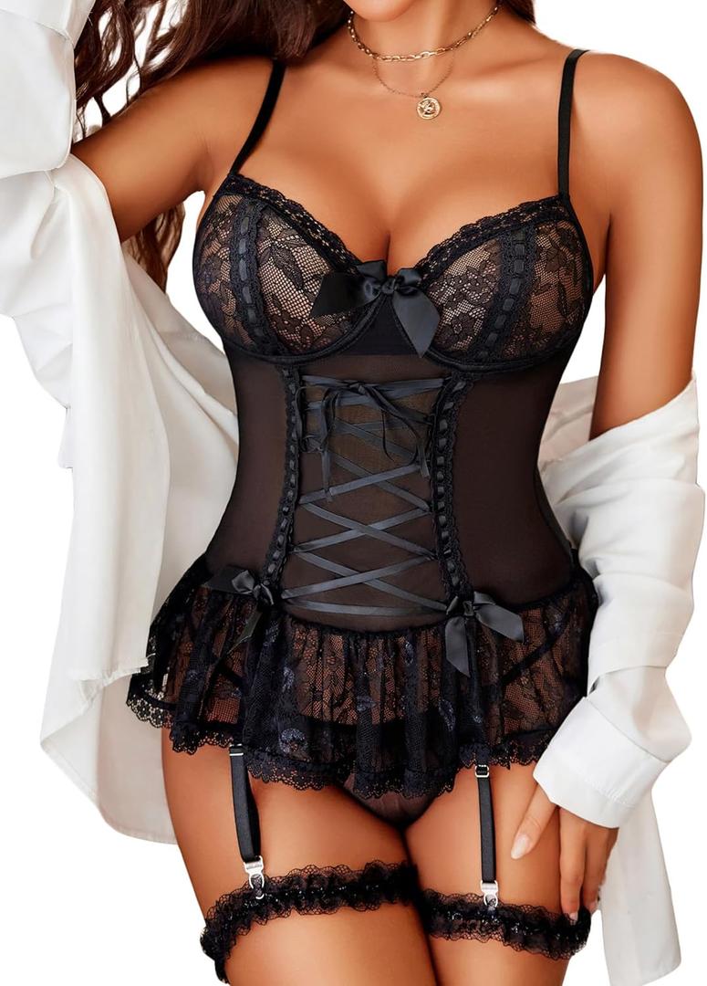 Avidlove Lingerie for Women Lace Bodysuit V Neck Babydoll Lingerie Sleepwear Nightgown (XX-Large, Pure Black)