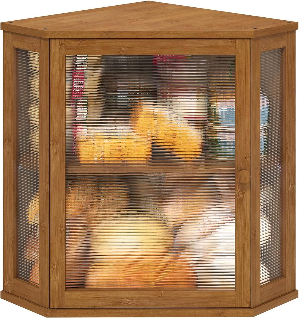 Corner Bread Box for Kitchen Counter, Bamboo Wood Large Capacity Bread Storage Bin with Acrylic Wavy Door Panel (Brown, Extra Large)